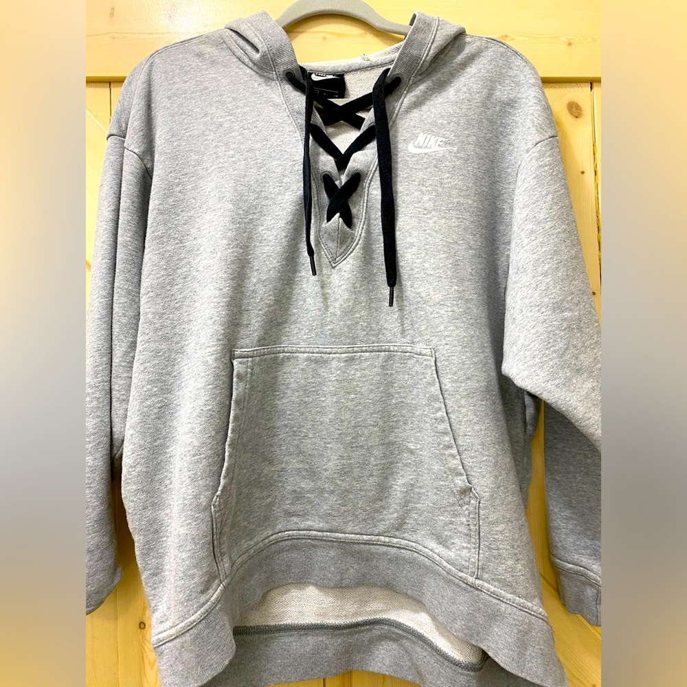 ❤️🤩Nike Athletic Grey Washed Tie Front Hoodie Oversized Sweater w Nike Logo